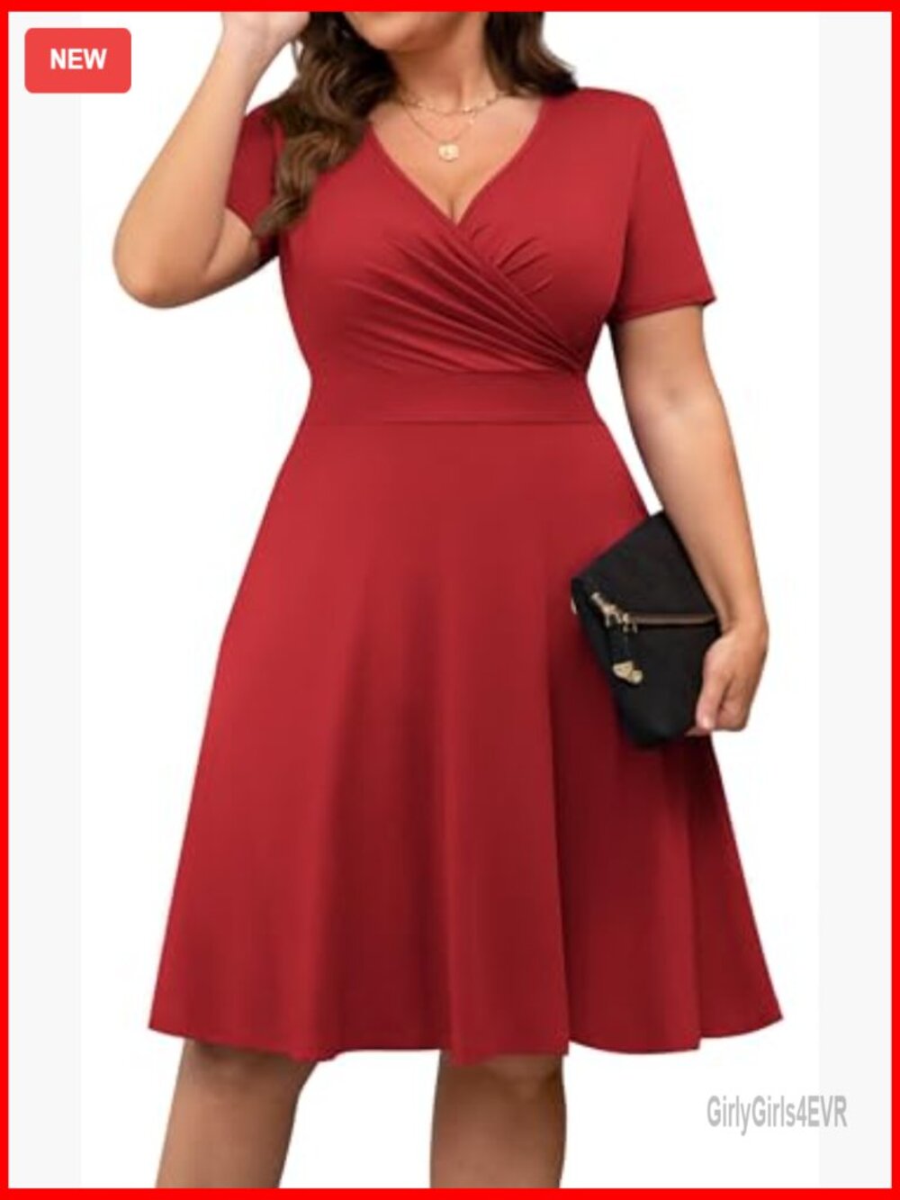 Plus Size Short Sleeve Wrap V-Neck Midi Dress with Pockets - Picture 3 of 7